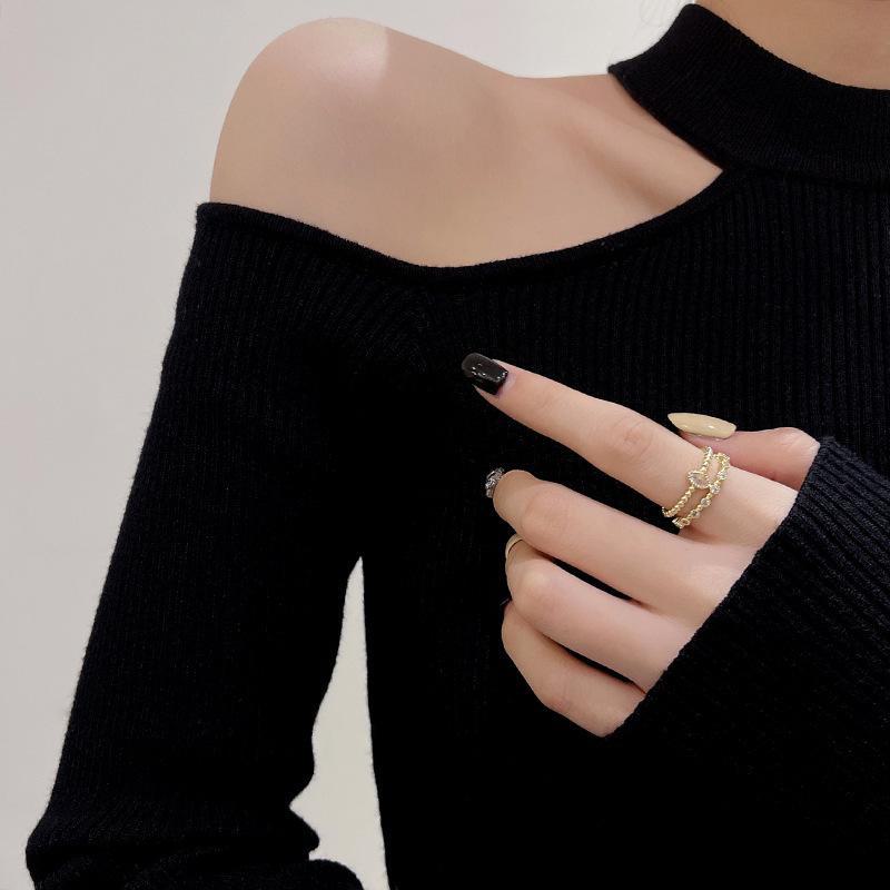 Chic Zircon Double-Layer Adjustable Open Ring for Women - Light Luxury Niche Design, High-End Index Finger Ring