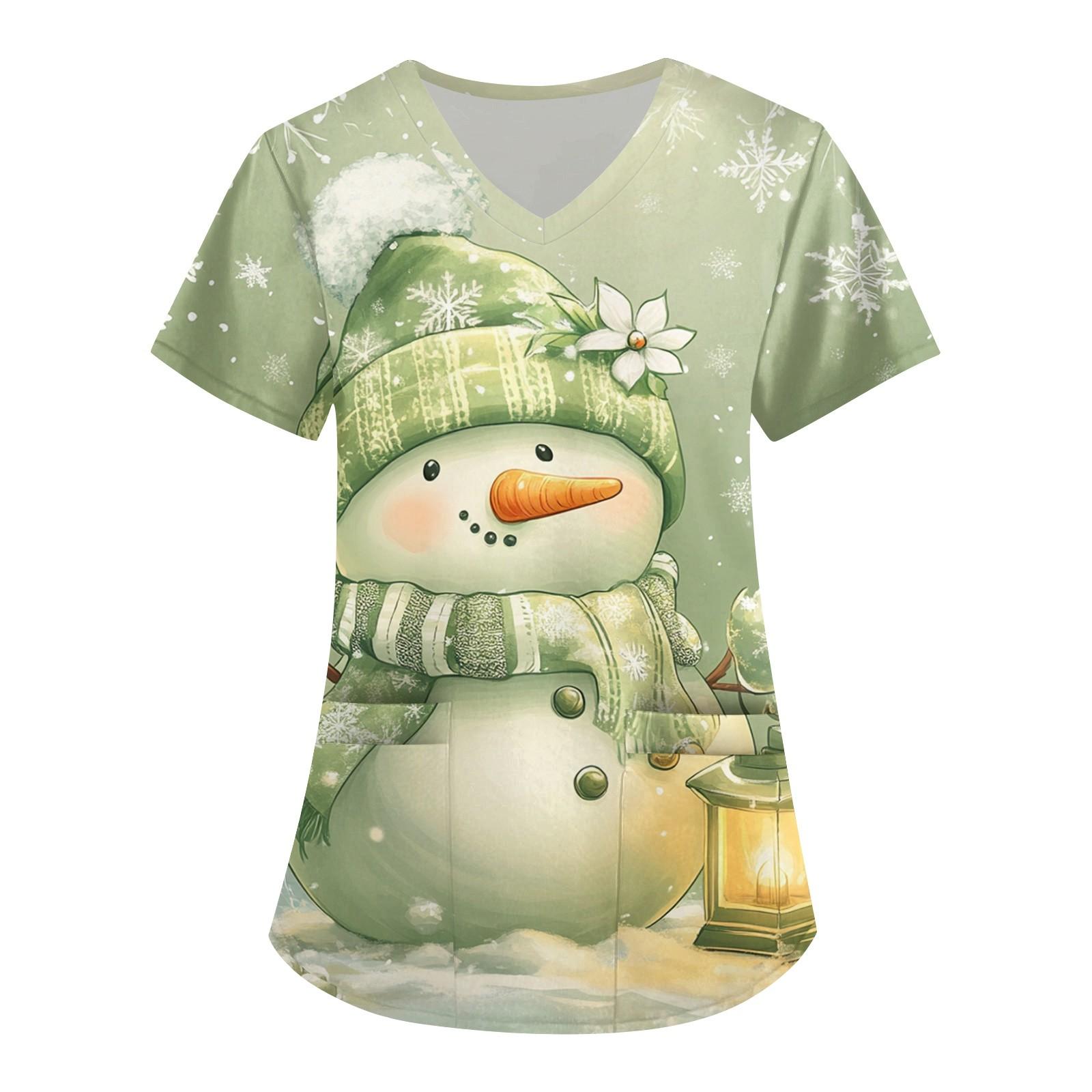 

Женская симпатичная рабочая одежда с принтом, V-образным вырезом, двухслойными карманами, базовым коротким рукавом, пуловером на Рождество XXXL