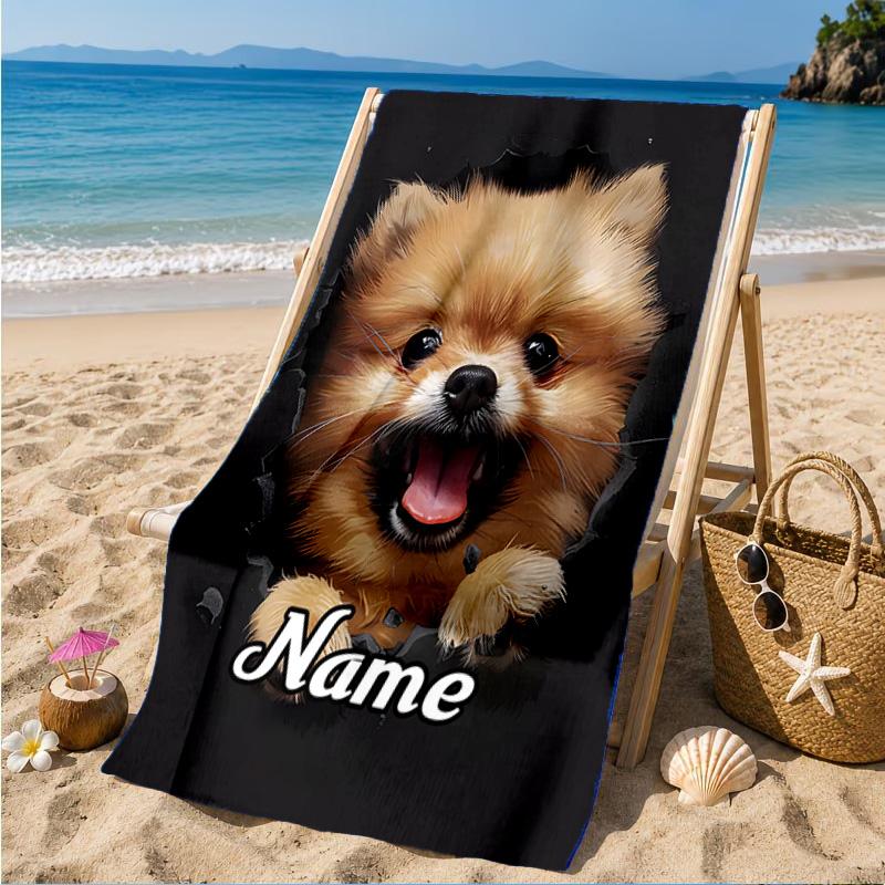 Custom Name Pomeranian through hole. Beach Towel Microfiber Beach Towel, Lightweight and Quick-Dry, for Summer Travel, Swimming Pool Gift