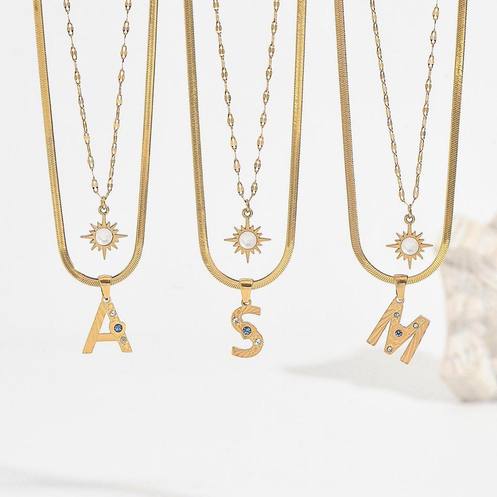 18K Gold Plated Double Layer Necklace with Sun Pendant & Diamond-Inlaid Alphabet Charms