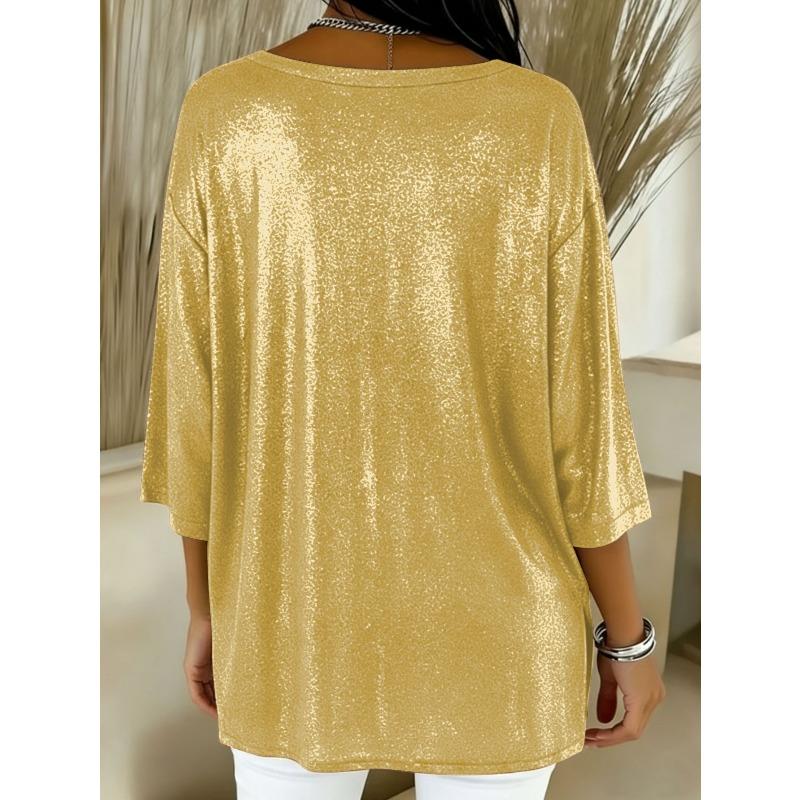 Women's Large Size T-shirt Spring and Summer Seven Quarter Sleeve Shiny Loose Casual Female T-shirt Fashion V-neck Solid Color Office Ladies Tee Tops