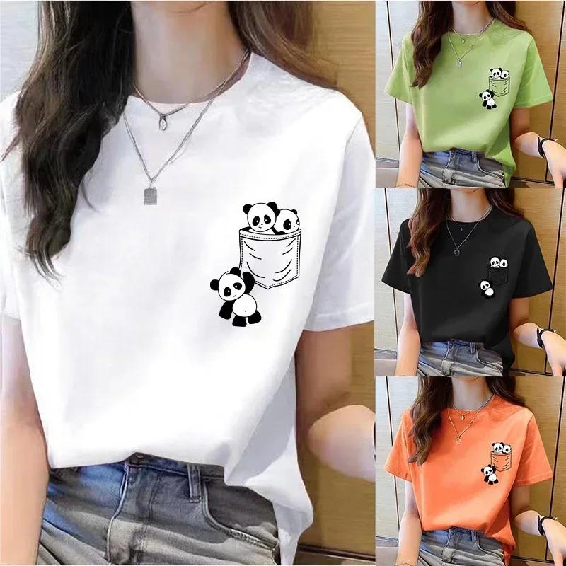 Women Short Sleeve Top Summer New Pocket Panda Cartoon Printed T-shirt Korean Fashion Women Tops Round Neck T Shirt Women