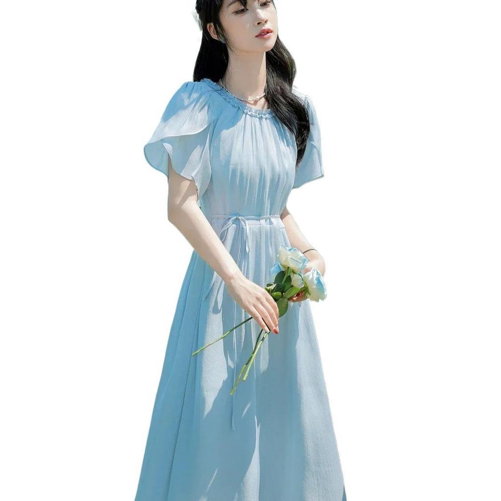 Elegant French Style Long Dress with Petal Sleeves and Belted High Waist
