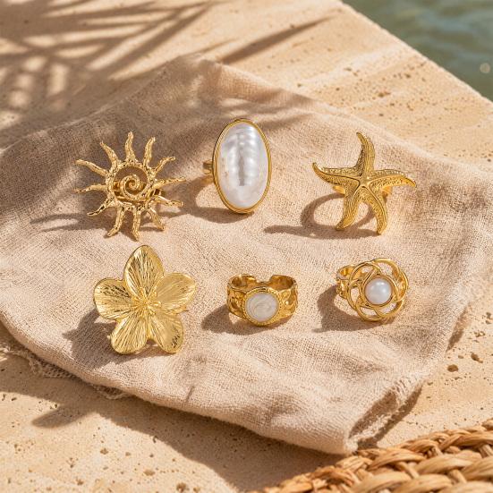 6Pcs/Set Finger Ring Set, Ocean Style Adjustable Ring with Imitation Pearl And Shell Texture, Bohemian Style Stackable Rings for Women