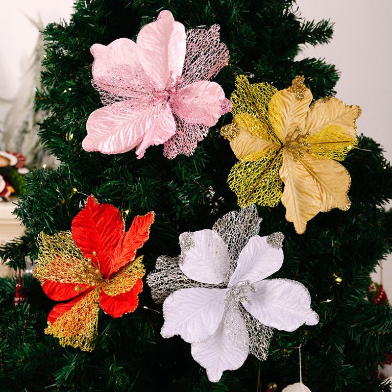 1PCS Christmas Ornament Golden Red Simulation Christmas Flower Handmade Maple Leaf Decorative Flower Christmas Flower Pendant