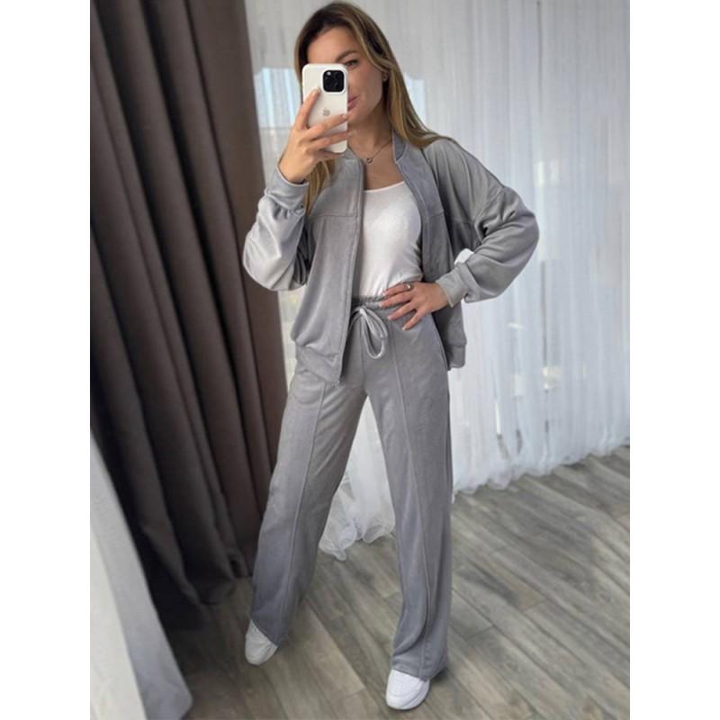 Womens Soft Fleece Lounge Set: Zip-Up Hoodie Top Drawstring Wide-Leg Pants Solid Color All-Season Comfort Wear