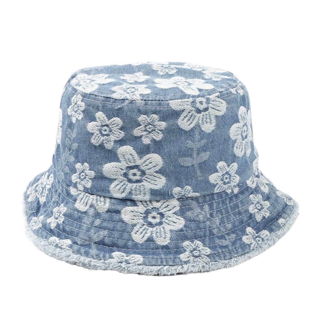 Flower Embroidered Denim Fisherman Hat Frayed Brim Sunscreen Sun Cap Cowboy Bucket Hats  Travel