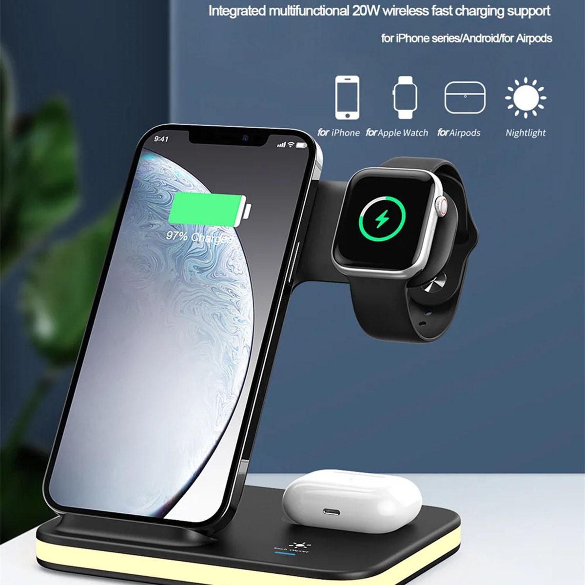 

E6 4-in-1 15W Wireless Charger Phone Watch Earphone Charging Stand Night Light Black
