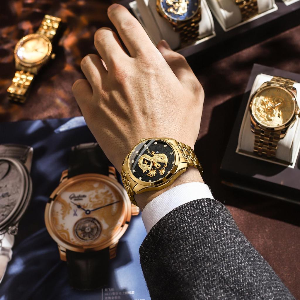 Dragon Watch Men Stainless Steel Gold Luminous Analog Calendar Dragon Quartz Watch Vintage 3ATM Waterproof Men Fashion Accessory Gold