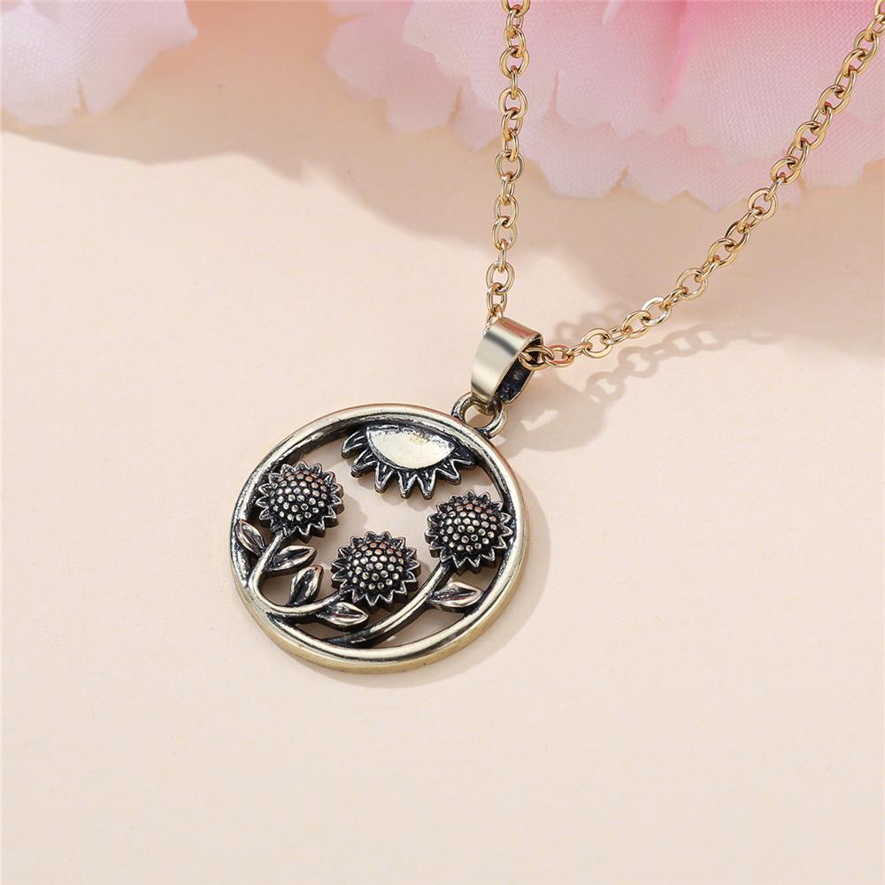 Female Round Stone Sunflower Pendant Necklace Vintage Gold Color Wedding Jewelry For Women