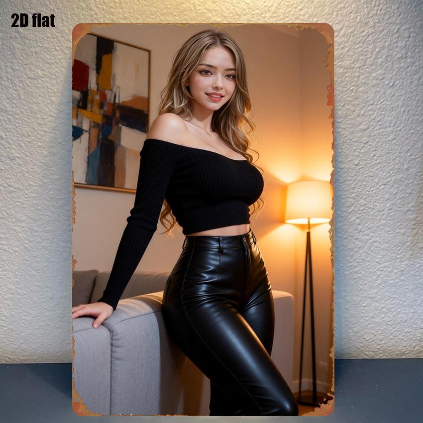 High Definition Tin Painting Blonde Woman in Black OffShoulder Top and Leather Pants at Cozy Living Room Vintage Metal Sign Wal