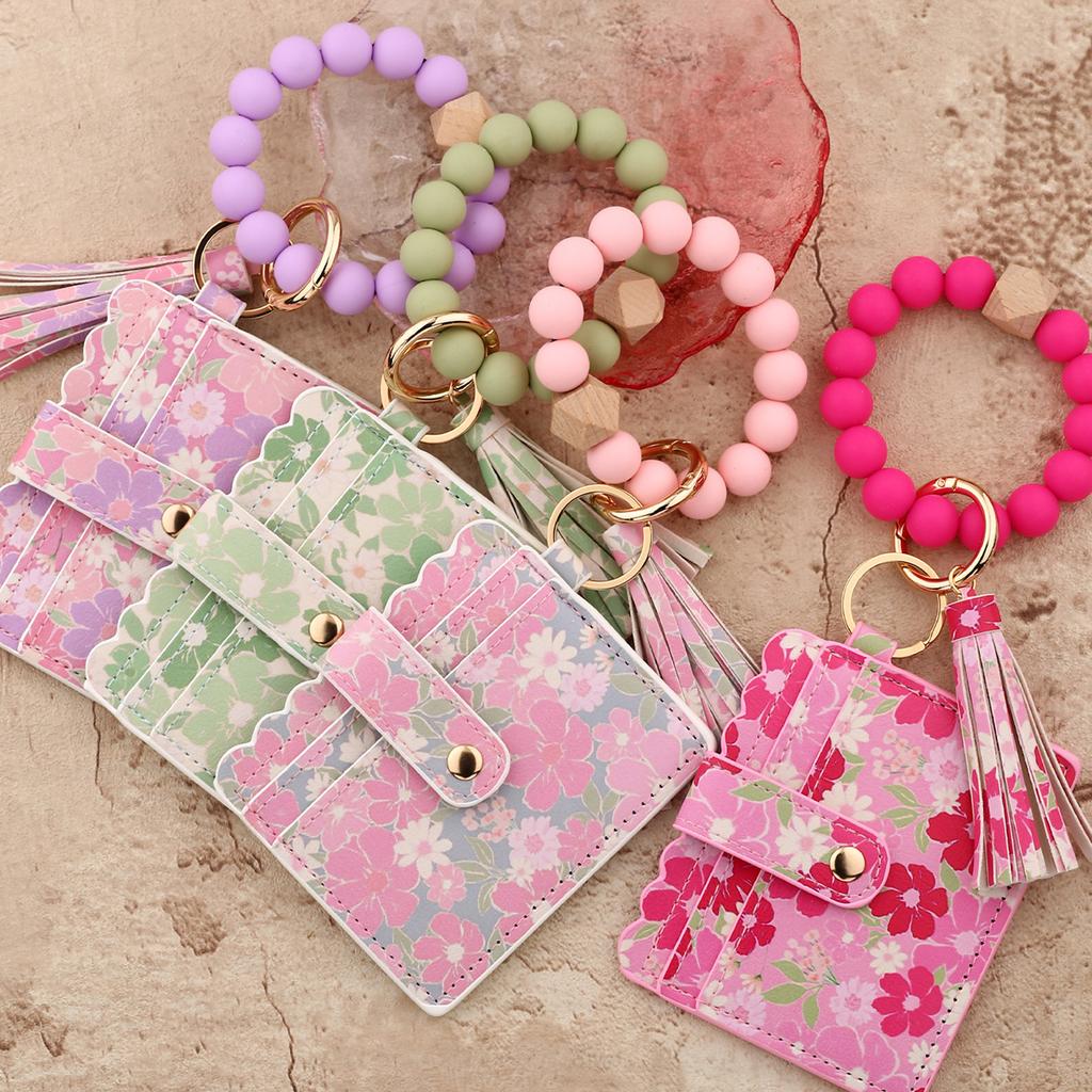 Wristlet Keychain Wallet Credit Card Holder Keyring Keychain Thin Purse Bangle Tassels Key Rings for Women Girls Gift