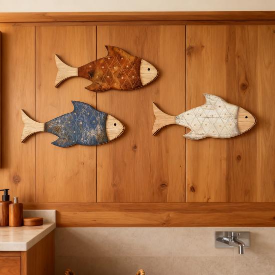 3Pcs/Set Wooden Fish Wall Decor Coastal Wall Art Fish Rustic Fish Wall Art Decoration for Bathroom Bedroom Ocean-Themed Room Lake House