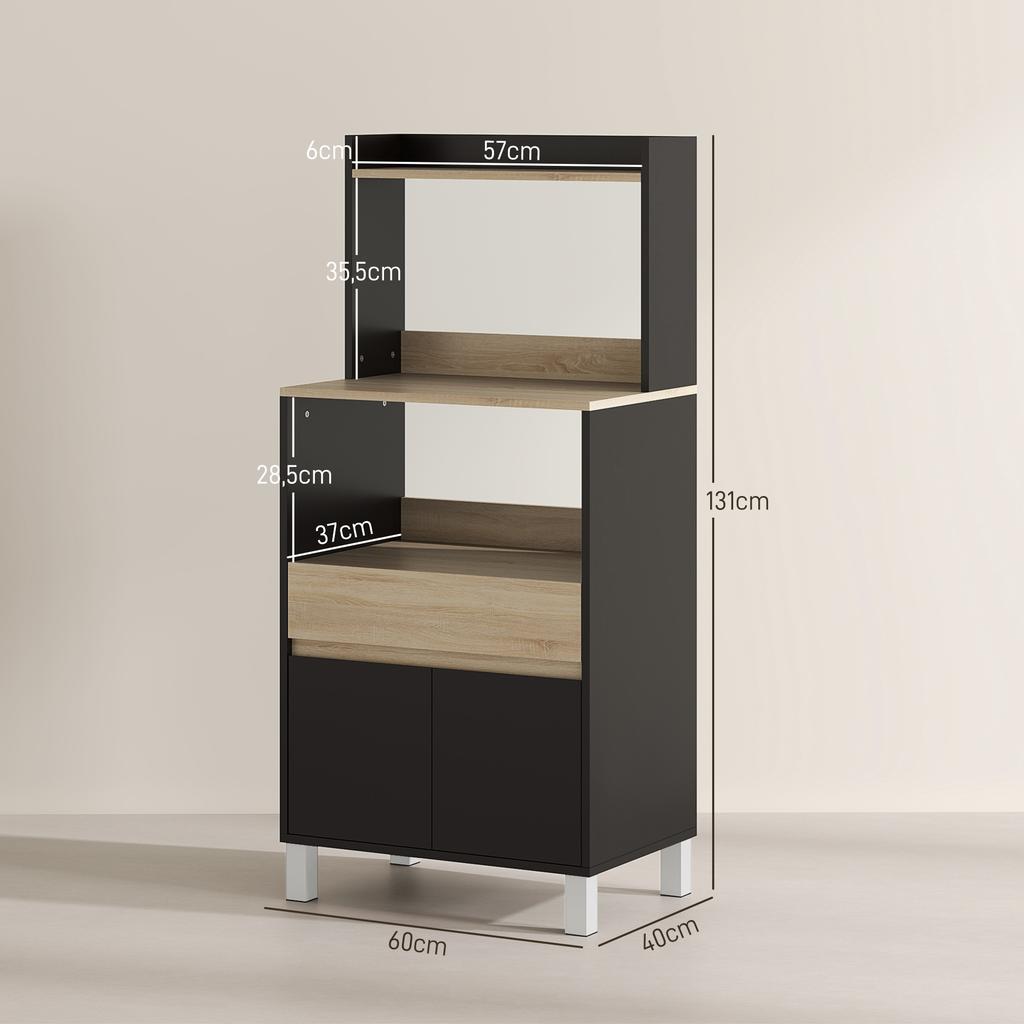 Microwave Furniture, Kitchen Buffet with Cupboard, Drawer, Top Shelf, 60 X 40 X 131 Cm, Oak and Black