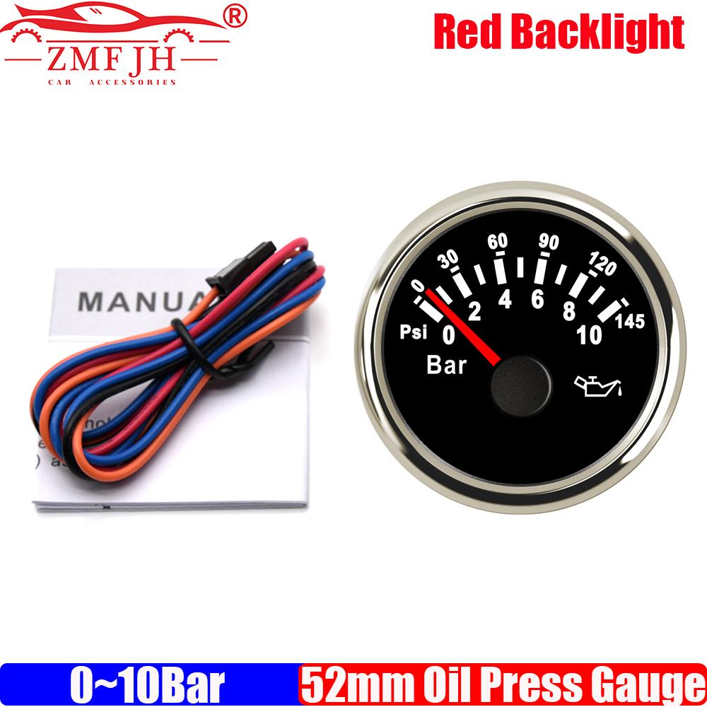 ZMFJH Pointer 2"52MM Oil Pressure Gauge with Red Backlight 0~5Bar,0~10Bar,0-75PSI,0-145PSI Oil Press Meter for Car Boat Yacht