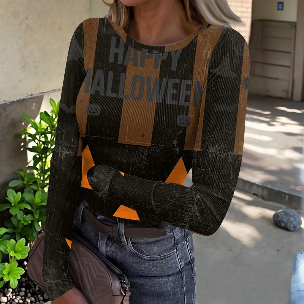Women's Casual Long Sleeve Ribbed Knit Top Halloween Print Round Neck Slim Fit Stretchy Pullover Shirt for Fall Season
