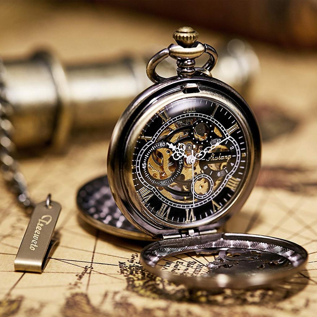 TREEWETO Mechanical Pocket Dragon Roman Bronze with Chain Hand-Winding Watch, Double-Sided Cover, Openwork, Numerals, Skeleton,