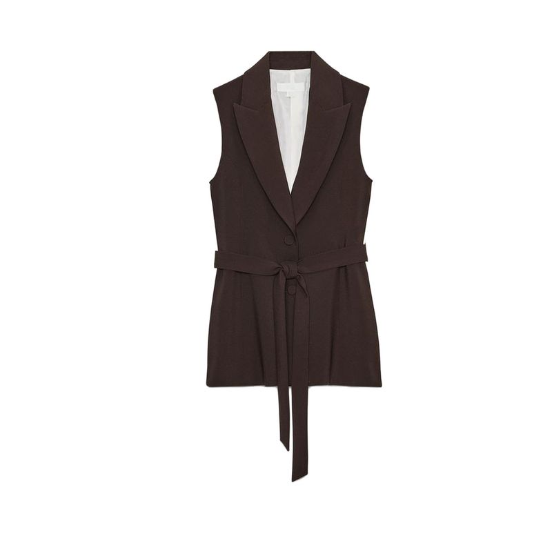 V-neck Sleeveless Long Vest 8741326 High Waist Contrast Color Thin Stripe Straight Trousers with Accessories 8742326