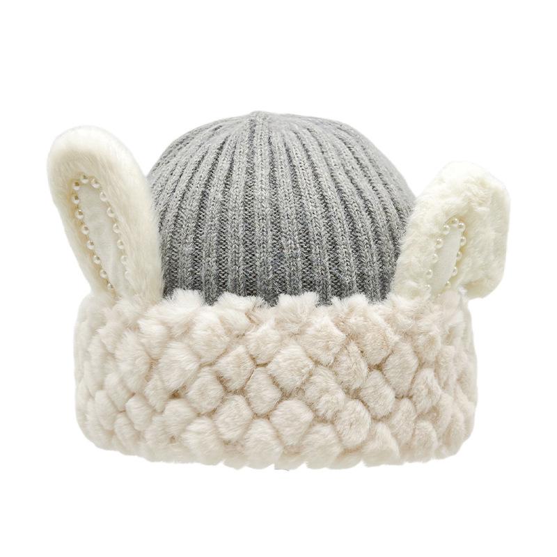 

New cute rabbit ear wool hat women s face small ear protector pullover hat winter cartoon warm knitted hat average size (56cm~ 58cm)