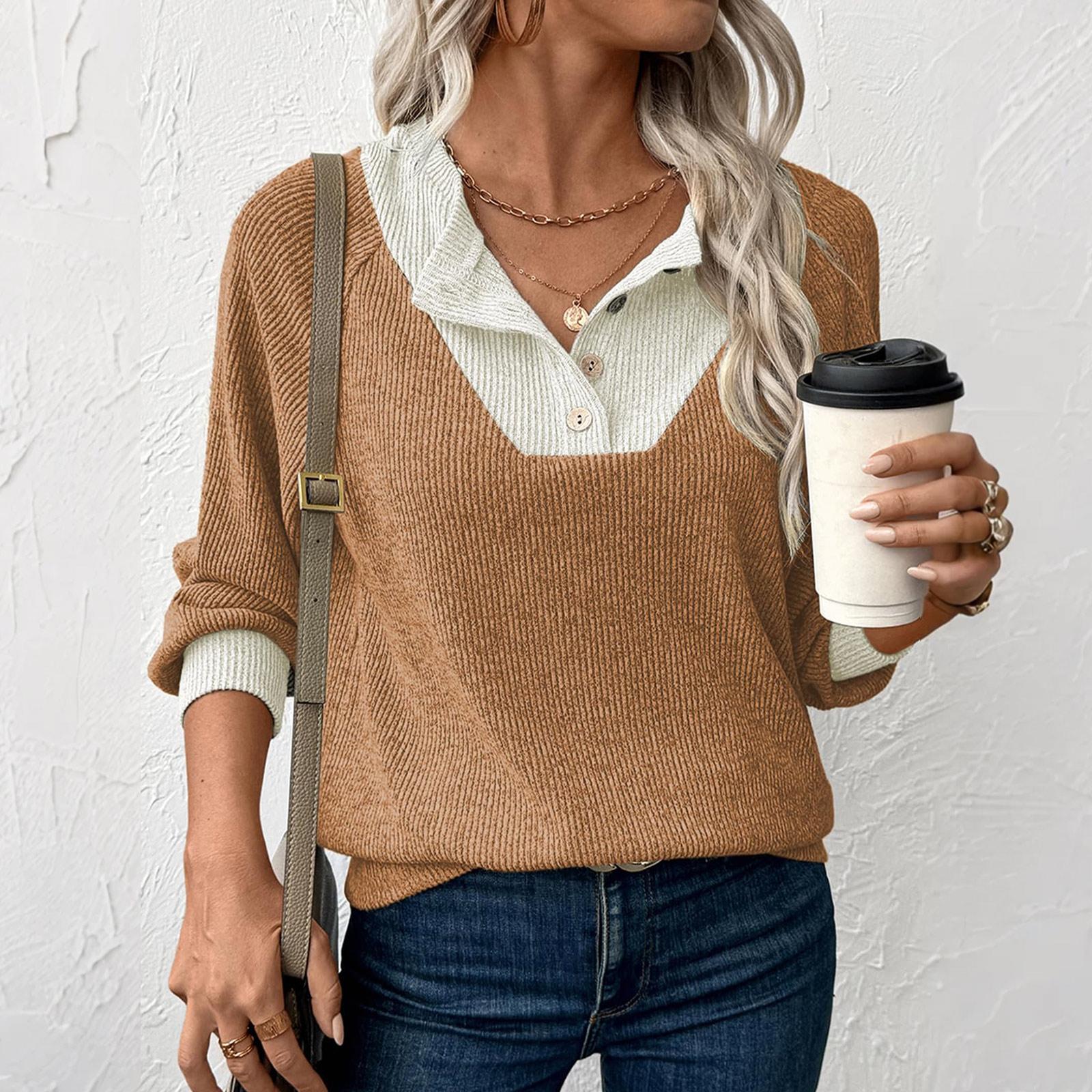 

Женский пуловер с лацканами, модный топ контрастного цвета со строчкой XL коричневый