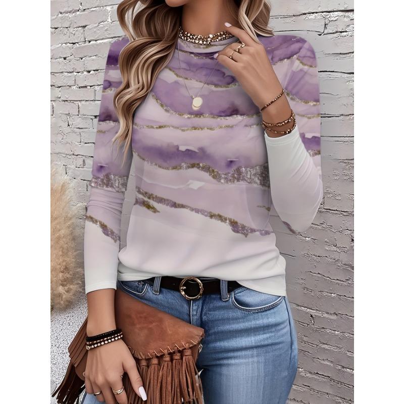 Women's Autumn Long-Sleeve T-Shirt, Marble Print, Street Style Casual Crew Neck Pullover, Loose Fit Outdoor T-Shirt