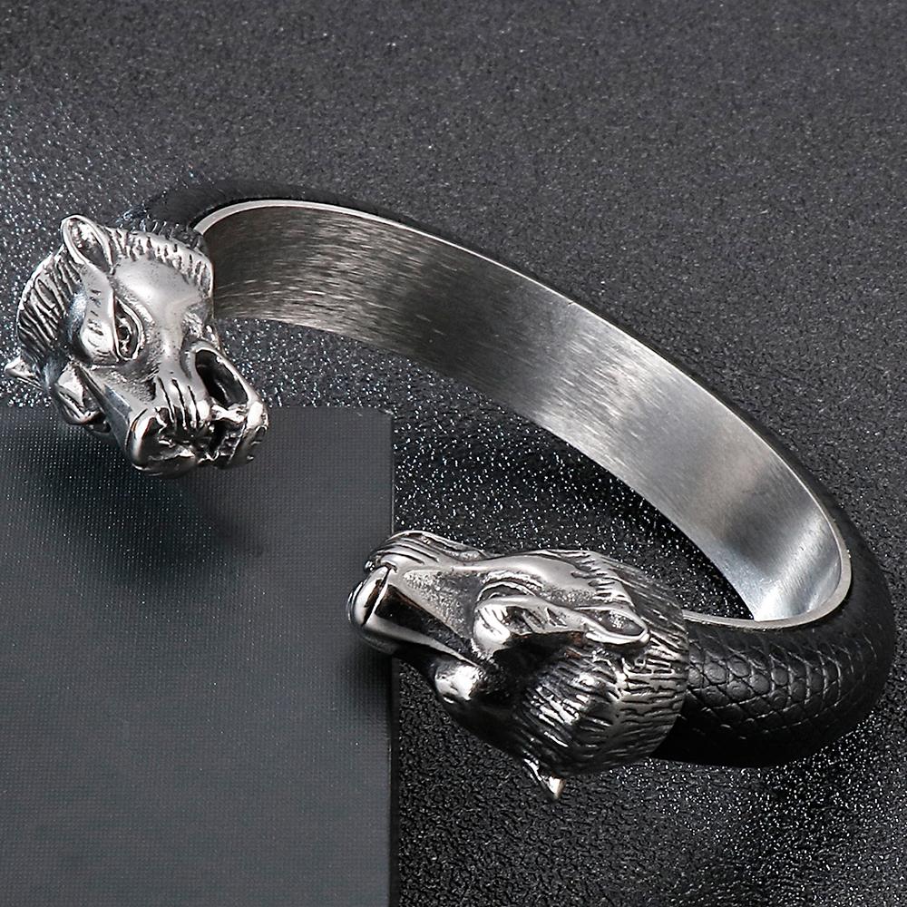 Edelstahl Wolfskopf Manschette Offener Armreif Armband Mann Schwarzes Leder Elastisch Verstellbar Jungen am Handgelenk Armbänder Herrenschmuck