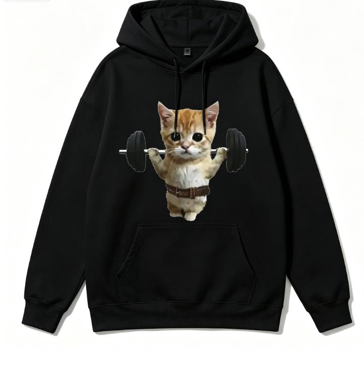 Street Style Women Hoodie Cute Meme Cat Lifting Dumbbell Graphic Print Loose Fit Drawstring Sweatshirt Casual Daily Women Hoodie