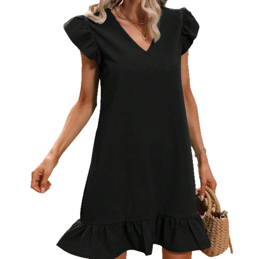 2025 Summer New European and American Style Solid Color V-neck Flying Sleeve Ruffle Edge Dress Women's Vacation Casual Temperament Dress