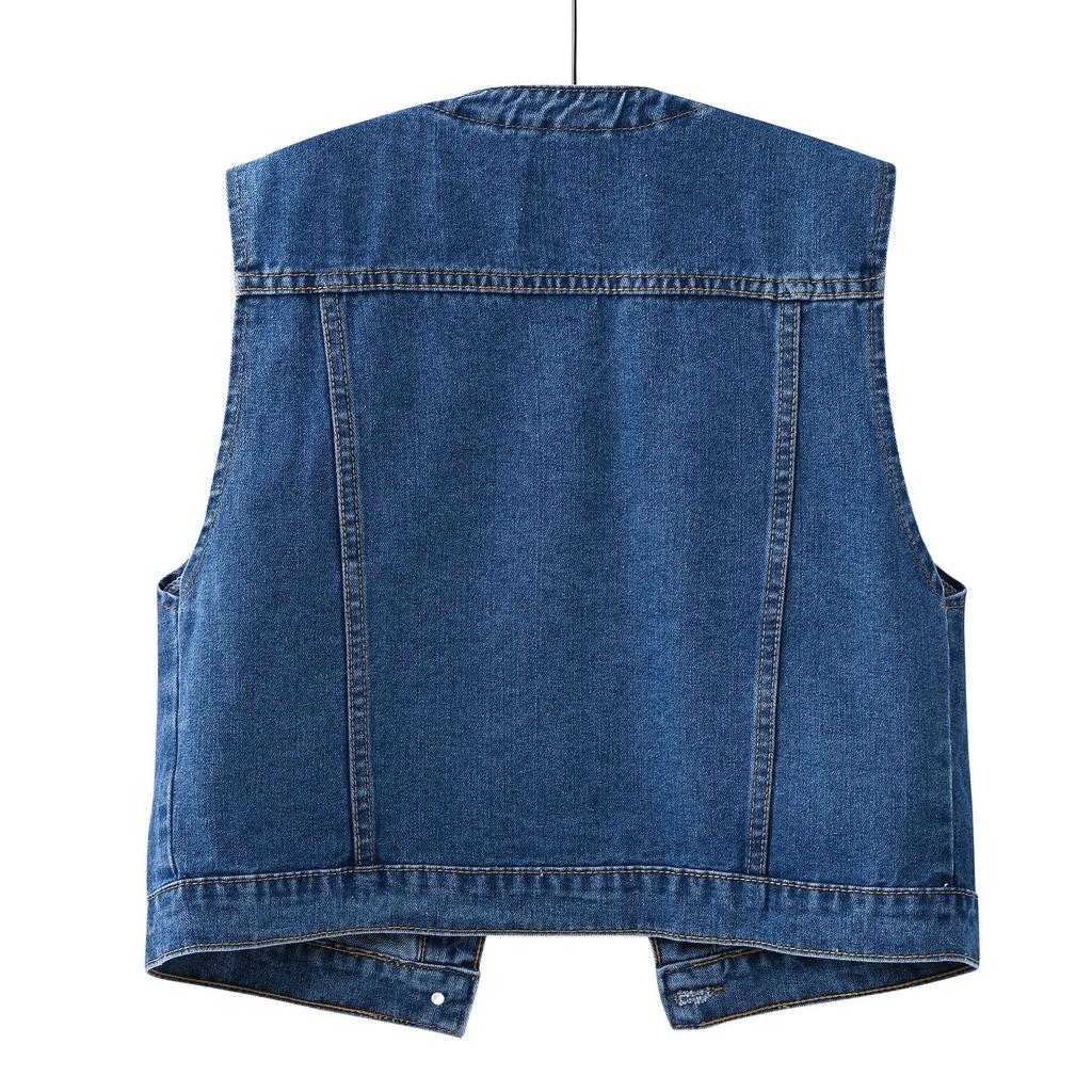 Round-neck Casual Women's Denim Vest Top with No Sleeves and Short Style, Casual Retro Fitted and Stylish Blazer