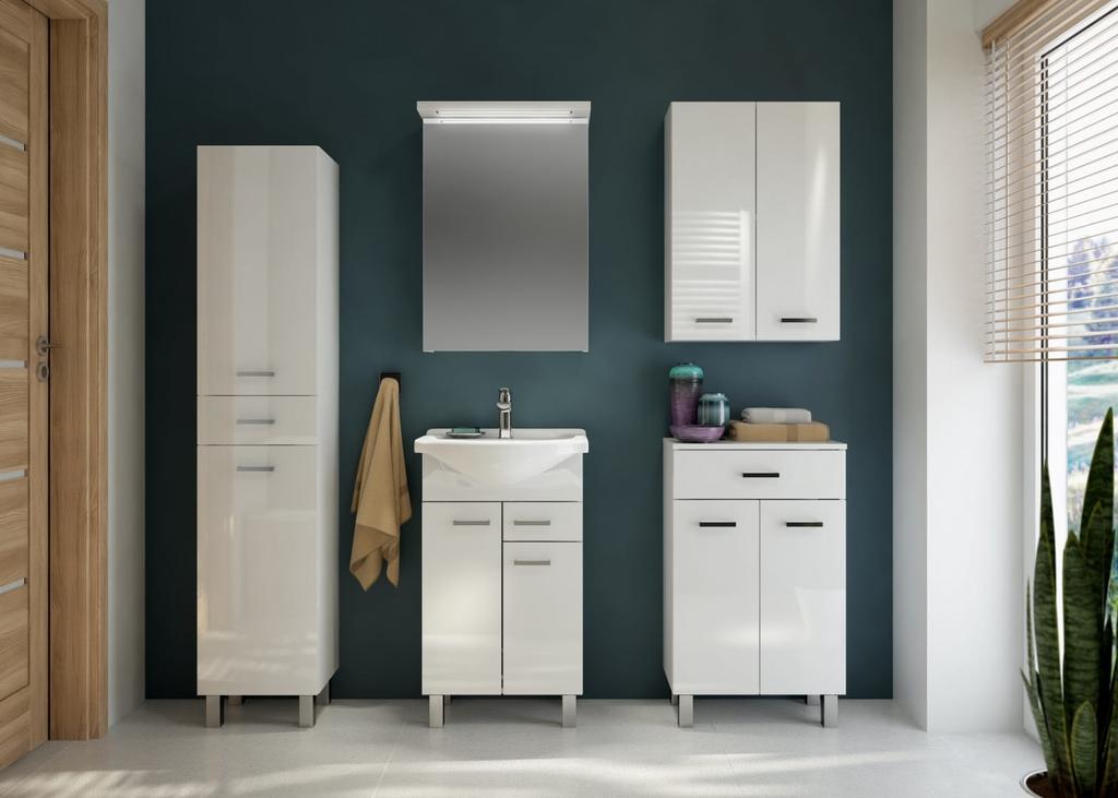 Bathroom cabinet 50x85cm standing on legs, white gloss Mea