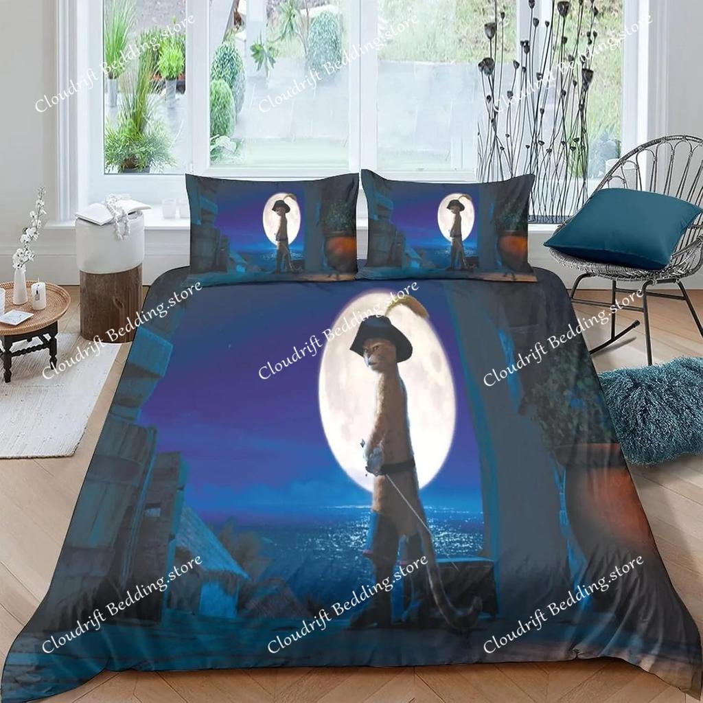 Exquisites 3D-Cartoon-Gestiefelter Kater Tapete Katzen-Druck Bettwäsche-Set Bettbezug Steppdecke Bett Jugend Kinder Mädchen Jungen Geschenk
