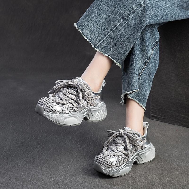 Spring New Platform Dad Shoes Women Genuine Leather Breathable Mesh Upper Round Toe Casual Walking Shoes