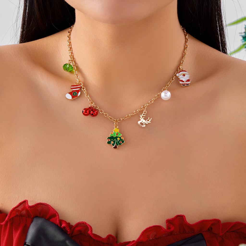 Santa Claus Charm Necklace With Pearl Chain And Festive Elements For Seasonal Gift