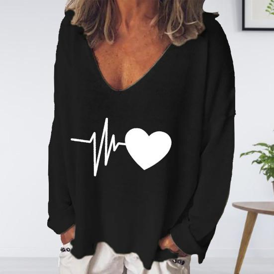 

V Neck Long Sleeves T-shirt Top Casual Heartbeat Print Loose Pullover Blouse