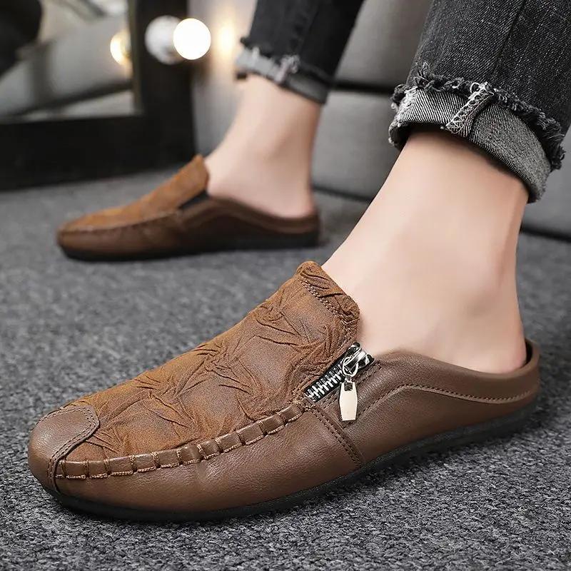 Fashion Slippers for Men Half Soft Leather Designer Luxury Fun Casual Shoes Elegant High Quality Fashion Mascullino Original Sandals Man