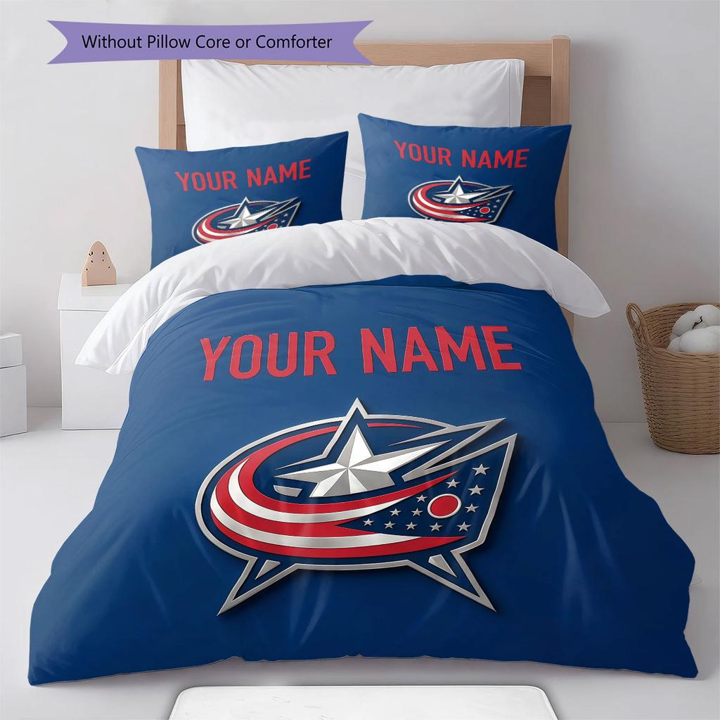 Custom Name,Columbus Blue Jackets Pattern Bedding Home Decoration Birthday Gift ( 1 Duvet Cover + 2 Pillowcase, Without Core),fan Merchandise.