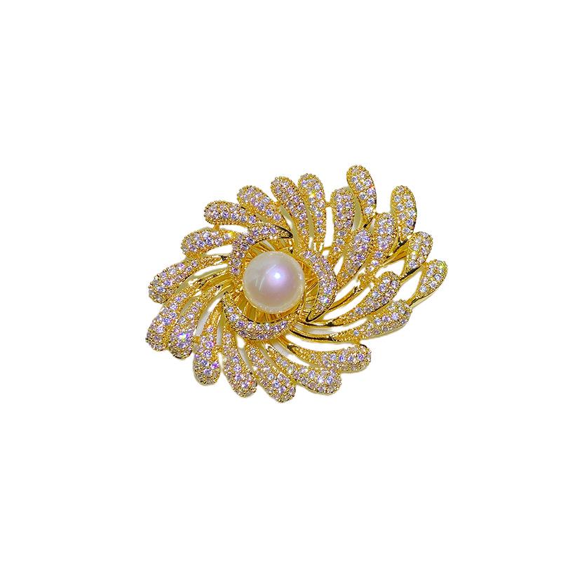 DIY Copper-Plated Gold Zircon Sunflower Brooch with Pearl Corsage Setting