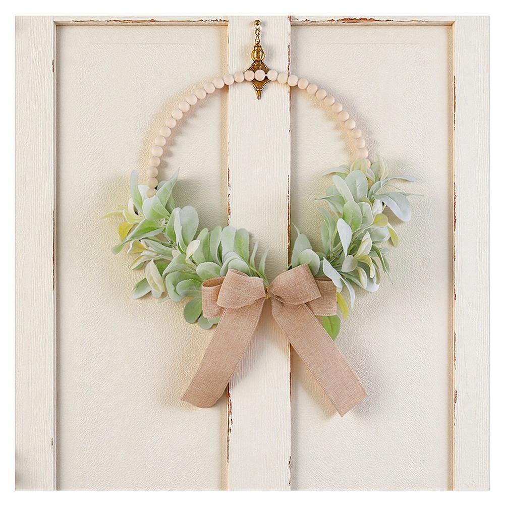 Sezonowa Wianek w Stylu Wiejskim ze Sztucznymi Jesiennymi Liśćmi Drewnianymi Koralikami Kokardką do Zawieszenia na Ścianie Dekoracja Drzwi