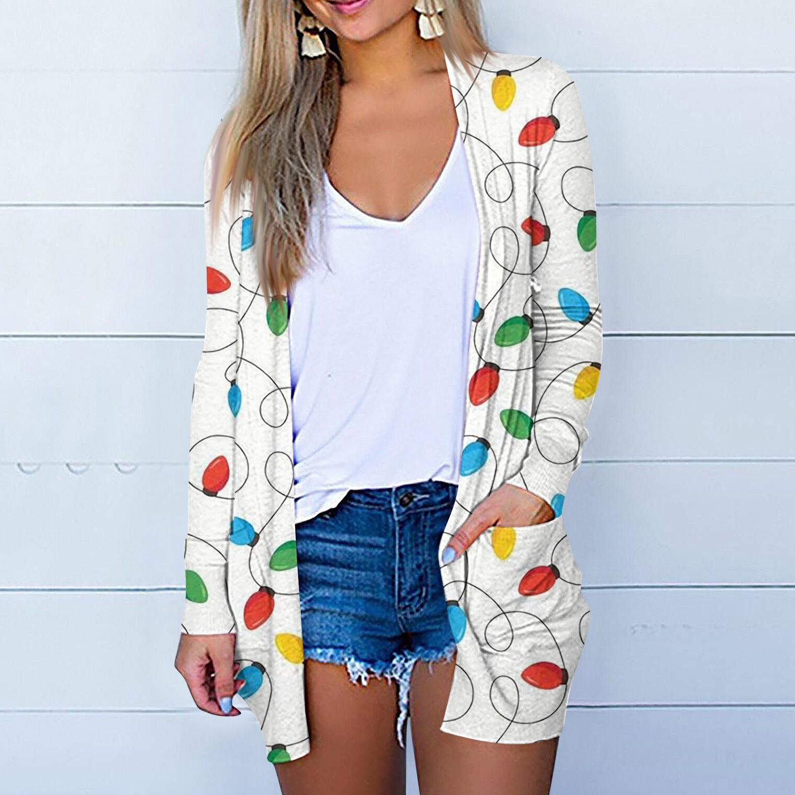 

Женская мода, повседневный рождественский принт, кардиган средней длины, карманное пальто XL белый