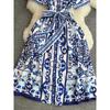 Chinese Style Print Women's Dress Lapel Short Sleeves Belt Single Breasted Contrast Color Dresses 2024 Summer New 27C216