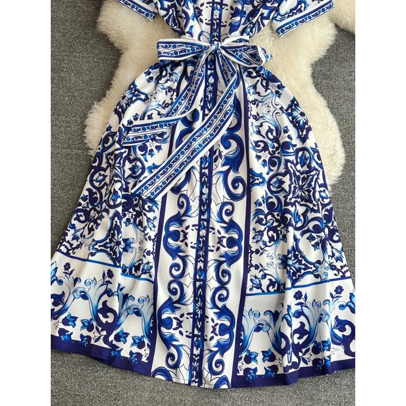 Chinese Style Print Women's Dress Lapel Short Sleeves Belt Single Breasted Contrast Color Dresses 2024 Summer New 27C216