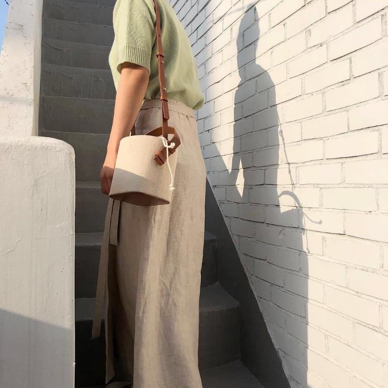Spring/summer Canvas Leather Bucket Bag Color Contrast Small Bag Single Shoulder Crossbody Bag for Women