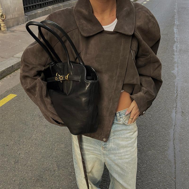 Fashion Women's Short Suede Jackets Belt Lapel Puff Long Sleeve Zipper Pockets Coats 2025 Spring Lady Vintage Street Outwears