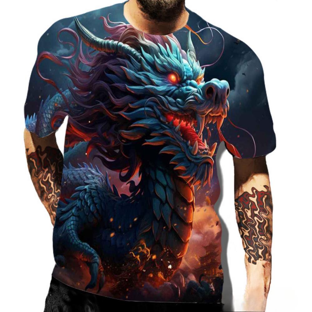 Summer Round Neck 3D Dragon Series Print Top Fashionable Casual Short Sleeved Men's T-shirts