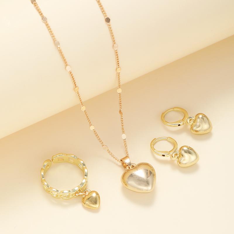 4Pcs/Set Vintage Love Heart Pendant Necklace Ring Hoop Earring for Women Simple Gold Color Smooth Jewelry Set Elegant Party Gift