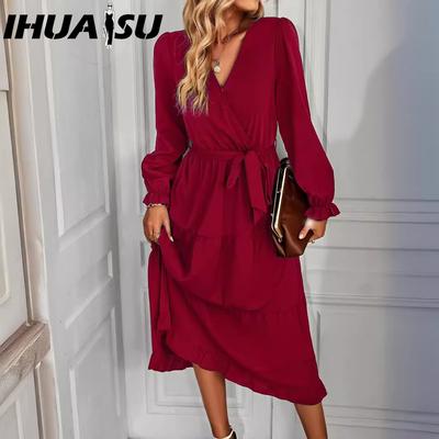 Frühling Sommer Einfarbig Swing Casual Kleid Damen Langer Rock