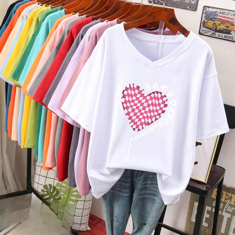 Camiseta de manga curta, Solta, Top V-neck Estampado Emagrecedor para Mulheres