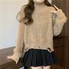 Women Autumn Winter High Collar Long Sleeve Wardrobe Staple Distressed Ripped Holes Solid Color Comfy Loose Pullovers Knitted Sweater Top