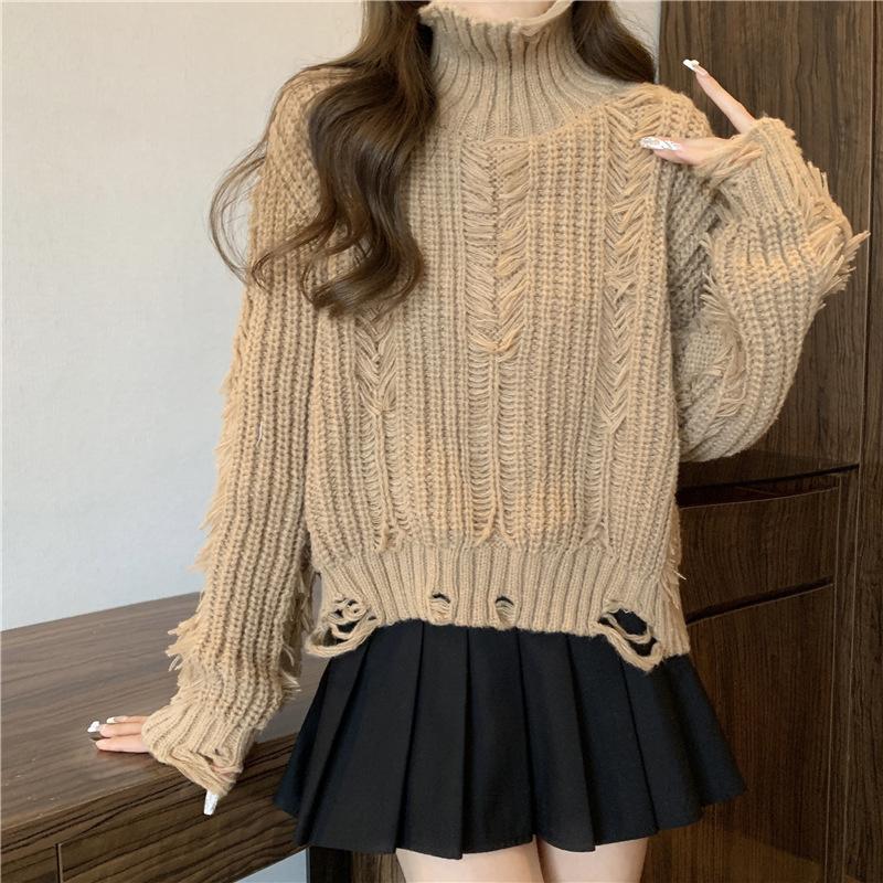 Women Autumn Winter High Collar Long Sleeve Wardrobe Staple Distressed Ripped Holes Solid Color Comfy Loose Pullovers Knitted Sweater Top