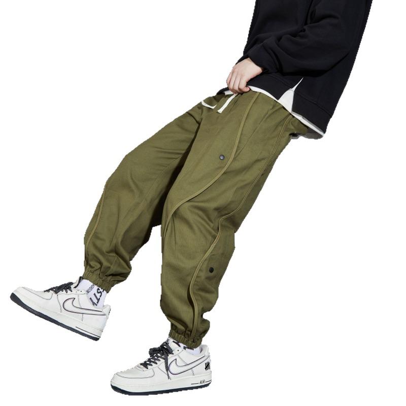 Large size casual pants, multi-pocket splicing button elastic overalls, men's tied-leg trousers